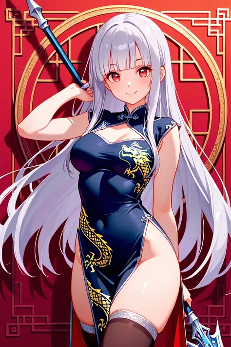 8k,masterpiece, best quality, ultra detailed, high resolution, super fine illustration, 1girl, solo, smile, red eyes, silver hair, long hair, blunt bangs, sidelocks, medium breasts,china dress, silver trim, dragon patterned dress, thighhighs, holding spear...