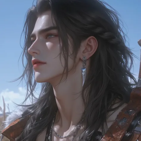  Nakahara prairie tribal style male character，  showing chest muscles and arms， leather belt ， leather armor ，feather，tassel， beast tooth necklace  。  black long hair 、braid，Small silver jewelry  。  Reveal Strong Muscles  ，  Face Contour  ，  Deep Eye  ， ge...