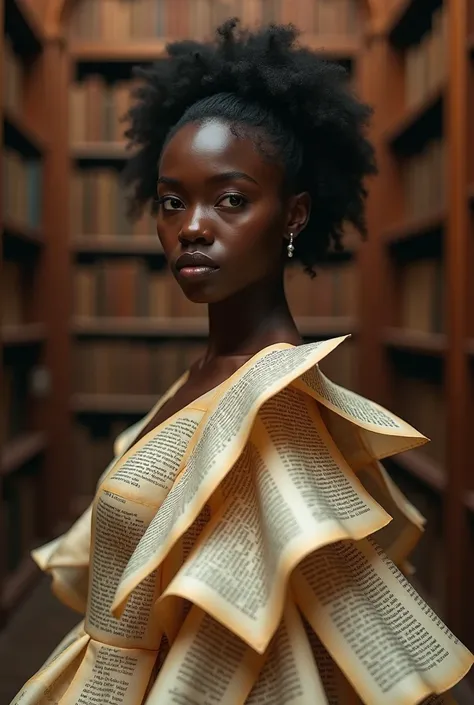 In close-up, an African woman with a detailed hyper-realistic face wears a dress made of strips of book pages, standing in a large library filled with towering shelves and warm lighting. The dress flows elegantly, each strip resembling pages of classic lit...