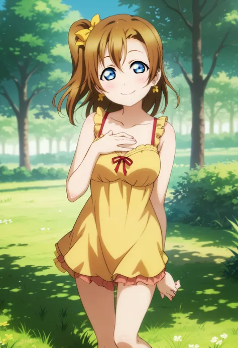 (Masterpiece, Best Quality, High Quality), anime style, love live,kousaka honoka , kousaka honoka,id_honoka_kosaka,love live, blue eyes, brown hair, 8k wallpaper, looking at viewer, earrings, erotic figure, (blushing:1.2) , standing, front view, one hand o...