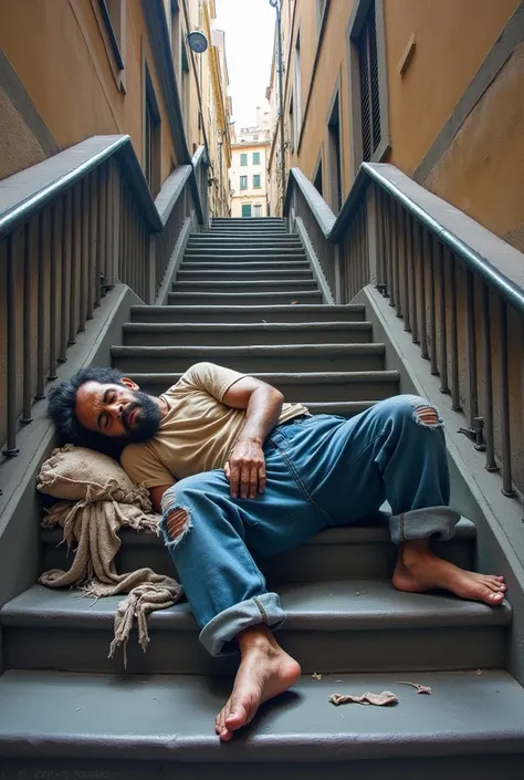 The image shows an urban staircase lined with stone walls and metal railings, located between buildings of traditional European architecture. On these steps is painted a hyperrealistic street art work depicting a homeless man lying down, sleeping in a feta...