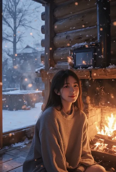   雪が降って積もっている間に暖炉を見つめるwoman  、woman,  best quality,  very detailed, FHD, 16k,   ridiculous , hot spring,  log cabin, countryside,  happy,  smiles,  , anime,  wide shot,  Double Exposure , Warm colors