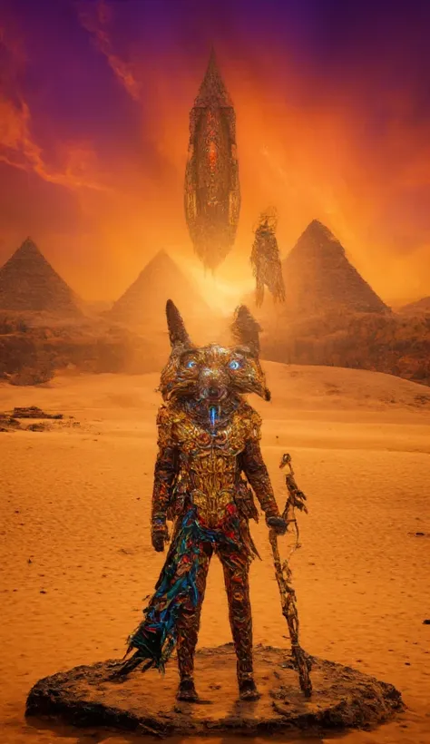 A breathtaking final scene set against the backdrop of a vivid alien twilight. The golden sands of Amunaris stretch infinitely, softly glowing under the reflection of three setting suns. Towering pyramids of polished black obsidian cast long, dramatic shad...