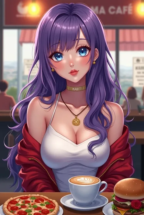 Anime Art style, adult woman, long violet wavy hair, shiny blue eyes, plump lips, kpop makeup, white tube with open red jacket, RARITY name necklace, Inside a coffee shop, KARMA CAFÉ in background, sitting ,there's table in front with KARMA coffee, And bur...