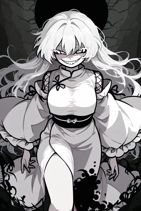 1girl, touhou style, pale skin, white hair, white eyes, evil smile, ripped black and white clothes,