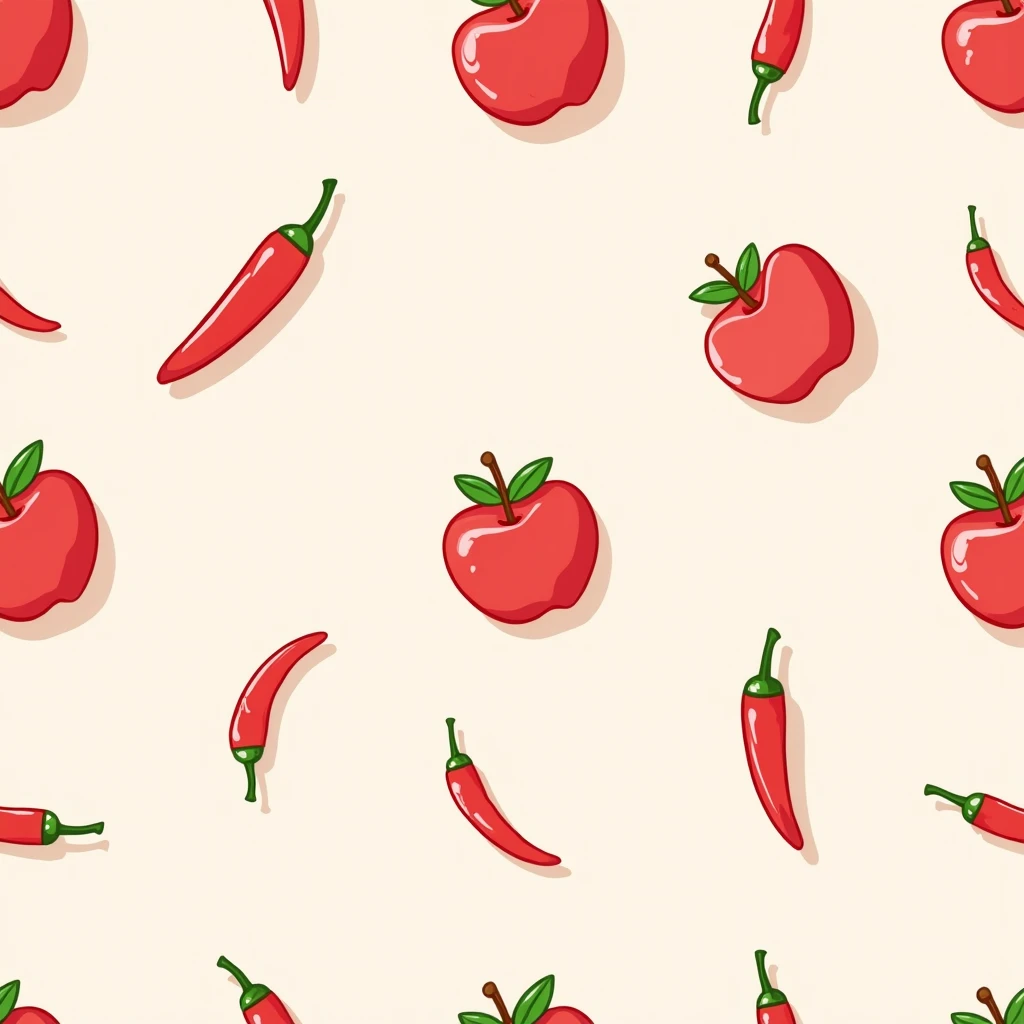 Seamless wallpaper design featuring hand-drawn, stylized red apples with fresh green leaves on their stems, and glossy red chili peppers with bright green tips. The elements are evenly spaced and separated, ensuring a clean and organized composition. The a...