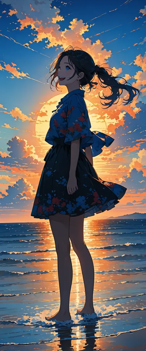 この画像teeth is、        It depicts a silhouette of a girl standing  .。.    light      ,       horizon     、     dark black       ,  teeth、 . その人teeth、 この画像teeth 。,      As it approaches the   horizon    、  ,    、  from    {x} deep electric blue as it rises cl...