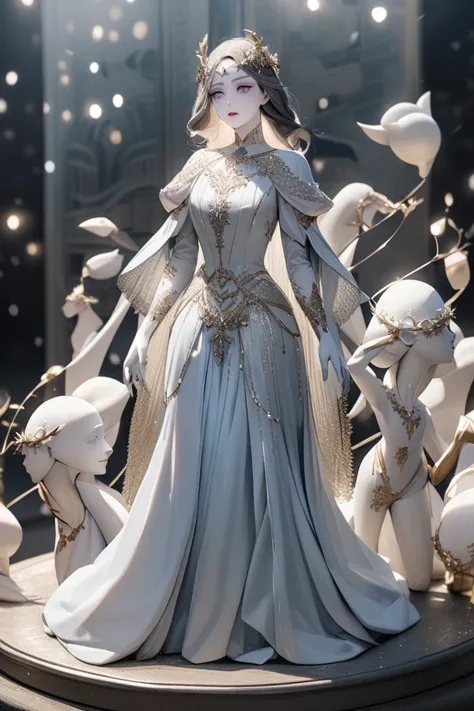 A woman of supernatural beauty,  with snow-white skin ,  with delicate features , but at a glance it's penetrating ,  She wears a light blue tunic ,  with a curvilinear figure,  with the edges of the garment are adorned with fine silver threads