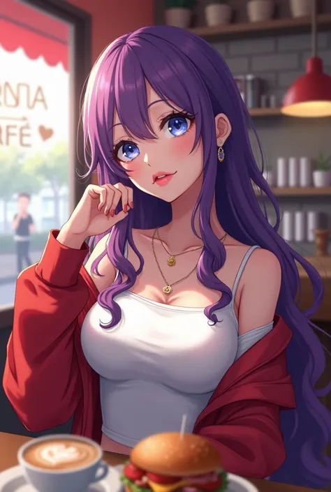 Anime Art style, adult woman, long violet wavy hair, shiny blue eyes, plump lips, kpop makeup, white tube with open red jacket, RARITY name necklace, Inside a coffee shop, KARMA CAFÉ in background, sitting ,there's table in front with KARMA coffee, And bur...