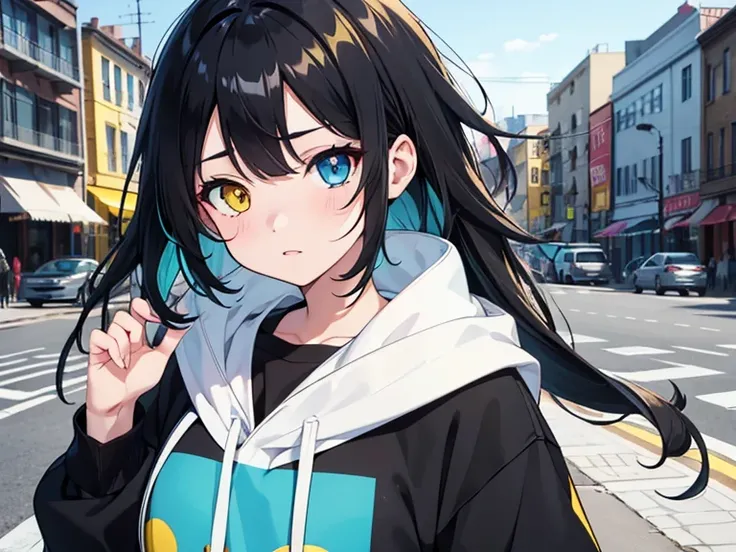 Only one One character, anime, girl, Heterochromia, 4k, full HD, good illustration Anime Girl 20 years, totally black hair, all black hair, long hair, Heterochromia yellow-cyan Heterochromia yellow-cyan Heterochromia yellow-cyan 

, Heterochromia yellow-cy...