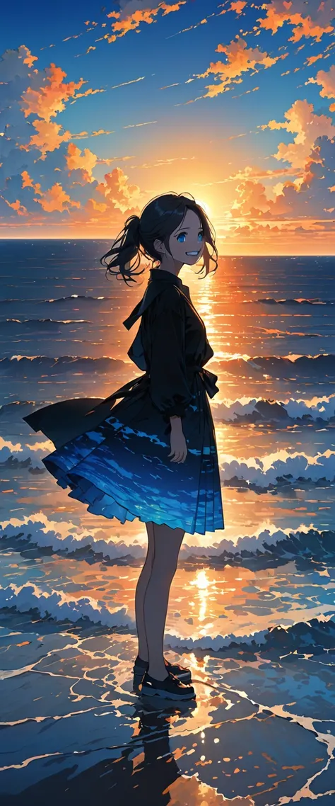 この画像teeth is、        It depicts a silhouette of a girl standing  .。.    light      ,       horizon     、     dark black       ,  teeth、 . その人teeth、 この画像teeth 。,      As it approaches the   horizon    、  ,    、  from    {x} deep electric blue as it rises cl...