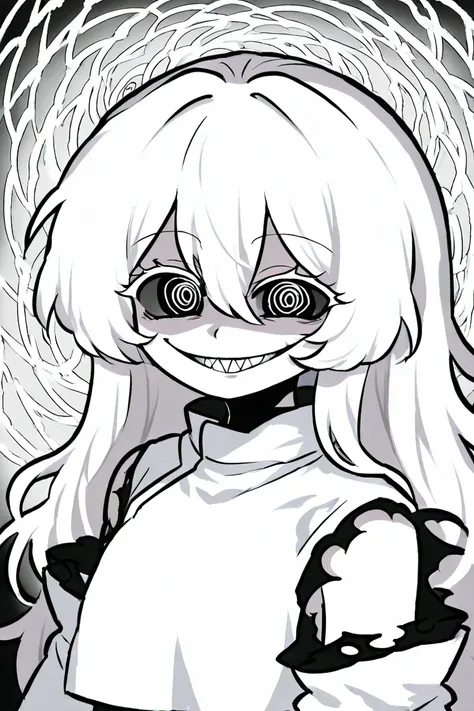 1girl, touhou style, pale skin, white hair, white spiral eyes, evil smile, ripped black and white clothes,