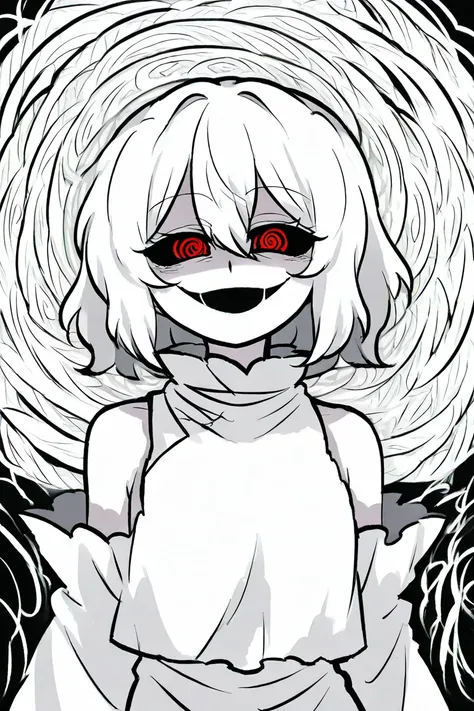 1girl, touhou style, pale skin, white hair, white spiral eyes, evil smile, ripped black and white clothes,