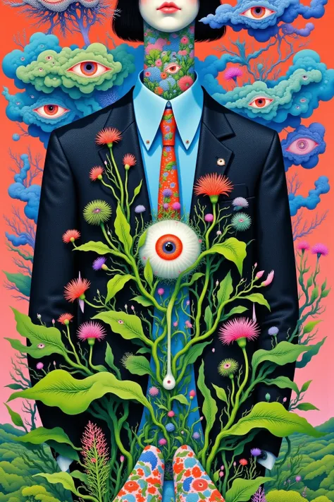 Closeup of a person in a suit holding a plant, A surrealist painting by Justin Gerard ,  Behance contest winning work ,  pop surrealism,  flowers growing out of the body ,  people's silhouettes close up ,  Flowers Grow on Her Body , james jean andrei riabo...