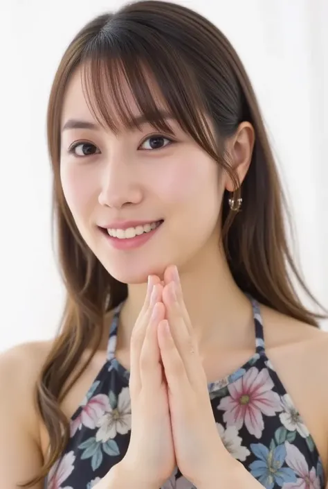  Super Fine、Picture of her face 、She smiles, I&#39;m wearing a camisole,  posing with their hands crossed in the shape of a heart in front of their chest、The background is plain 、    high definition 、細部にわたって   high definition 