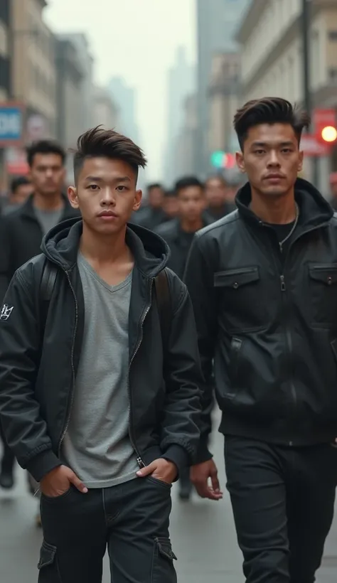 A handsome 35-year-old Asian man with neatly combed hair is walking with a  boy with neatly combed hair, wear cool casual clothes followed by a swarm of gangsters, original photo, Professional photo, real photo, full HD