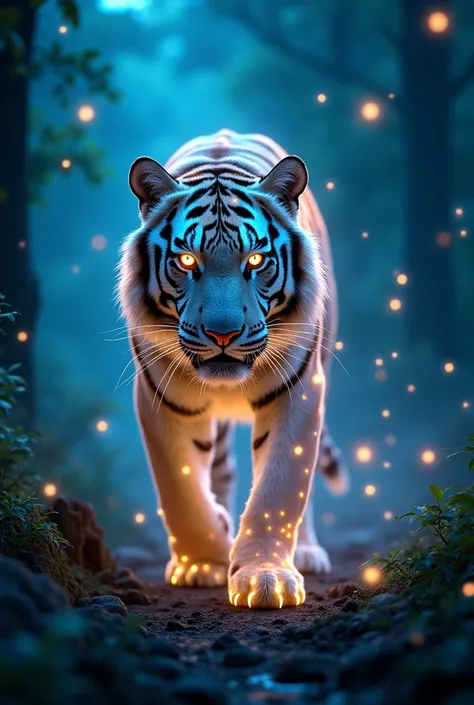  tiger walking in the woods 、The background is firefly 、Picture of a glowing tiger , Flowing vertically,  glowing gradation matrix background, , Blue Glowing Light , Dynamic Color,  