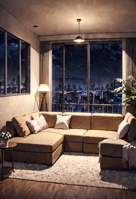 Landscape, Living room, Sofa in the middle, no table, Carpet, Cream furniture, Mellow atmosphere, Night, Stand light illuminated, Dark, Urban night view outside window, front view