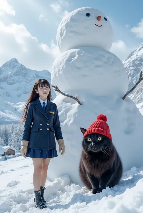 sexy beautiful japanese woman wearing a self-defense officer uniform (navy blue Tailored Jacket and  White shirt and navy blue tie and short sleeve and navy blue and pencil skirt and beige gloves and  black boots :1.5), 1 human-like giant black cat\( human...