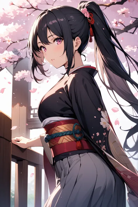 Beautiful female, 35 years old, solo,
Beautiful shiny black hair, Ponytail Hair, Long Hair, Pink Eyes,
japanese style, diligent,
Cherry blossoms falling background,
masterpiece, best quality, very aesthetic,