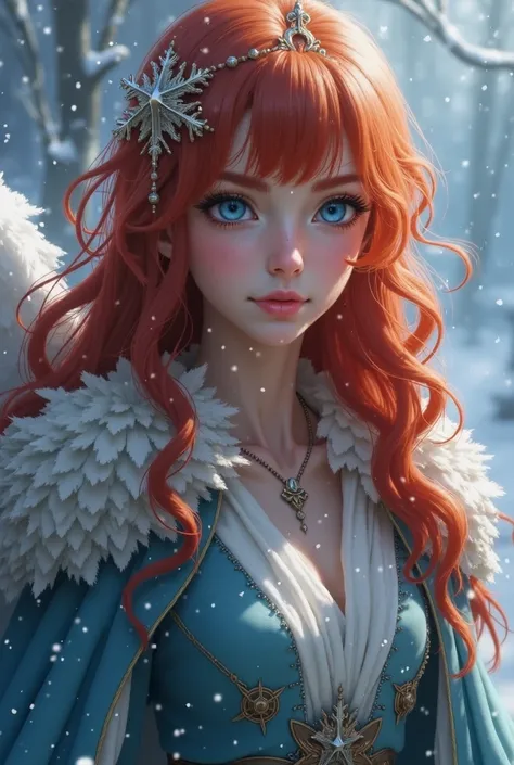  blue eyes ,  slightly red hair , Gender is female ,  long wavy hair ,  see-through bangs ,  race are angels +A picture of a sorcerer and a riveting to reveal the characteristics of these two,  I also want the feeling of snow falling from the sky in winter...