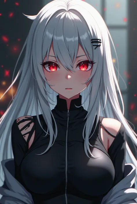 Anime girl
Gender woman
 He has white hair with a few black hairs and has dark red eyes and has good gun skills and is agile and doesn't like to eat a lot and he always tries to be good, he has scars from training 