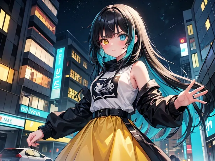 Only one One character, anime, girl, Heterochromia, 4k, full HD, good illustration Anime Girl 20 years, totally black hair, all black hair, long hair, Heterochromia yellow-cyan Heterochromia yellow-cyan Heterochromia yellow-cyan 

, Heterochromia yellow-cy...