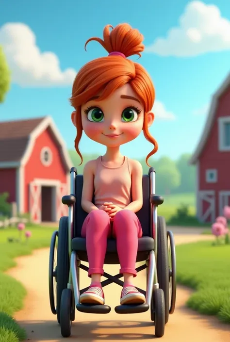 Create a cartoon of a young lady in a wheelchair with green eyes and long red hair tied together and a set of pink pants and blouse on a Disney Pixar-style farm in 3D