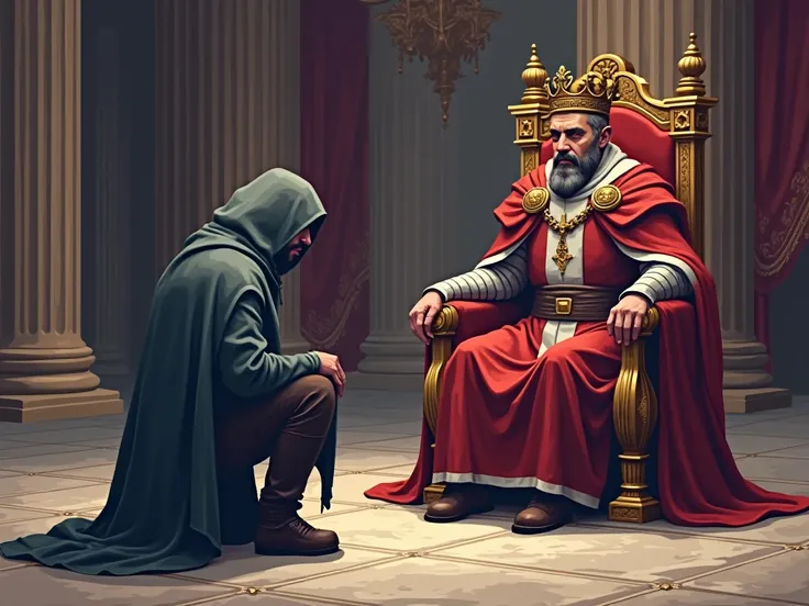 create a 64 pixel image of a cloaked knight kneeling before the king