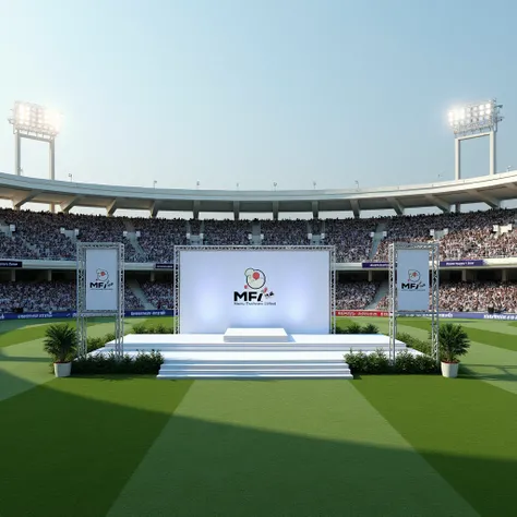 Build a small closing ceremony stage in the cricket ground under the banner of AZIM GROUP and MFL (Men's Fashion Limited).