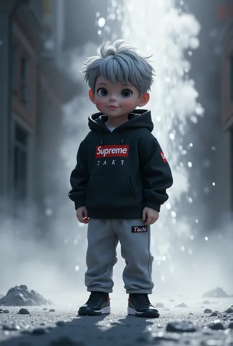 ３D rendering artwork、little cute boy character、Boy's hair color is gray、Clothes are black hoodie and gray adidas sweatpants、The shoes are Nike black sneakers、The hoodie has the name “Supreme” and the lower tier is larger “Tachi”、 The background is silver p...