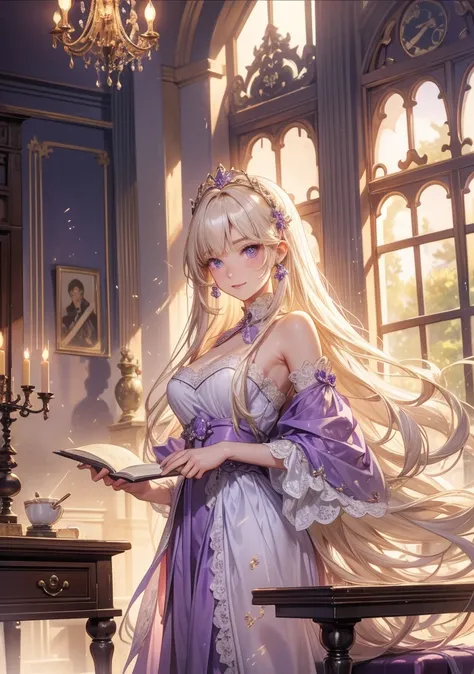  best quality。 detailed depiction 。Kojo's Laboratory。 An 18-year-old lady with a hypocritical smile、(( one woman ))。Princess Prince。(( Medium Long Hair ))、(( hair color is platinum blonde ))。 selfish and hypocritical heroine。white perfect skin with purple ...