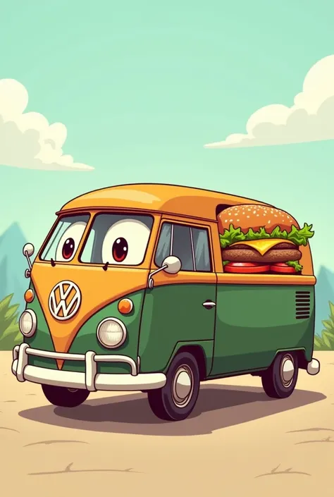 I want a cartoon design of a Volkswagen van that is on the side that has a meat burger with brioche bread inside the hamburger that has lettuce, tomato and yellow cheese in the combie the image on the side. That the hamburger is on the side after the front...