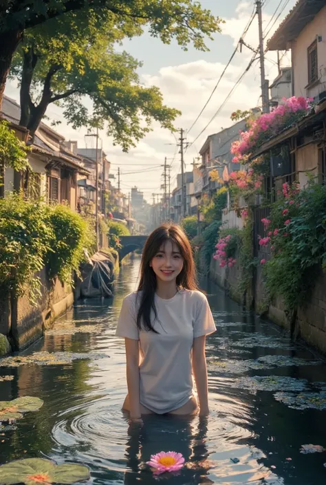 best quality, insanely detailed, FHD, 16K, absurdres, landscape photo, city, glad, smiling, inside, in the canal, with a water, with a flower, in the afternoon, cel anime, wide shot, midday, white