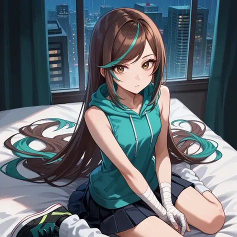  (Masterpiece, best quality), intricate details, JK, highly detailed, intricate details, patting lap, close up, from above, solo, ((brown eyes, brown hair, very long hair, hair with teal highlights, long swept bangs)), ((sleeveless hoodie, teal hoodie, bla...