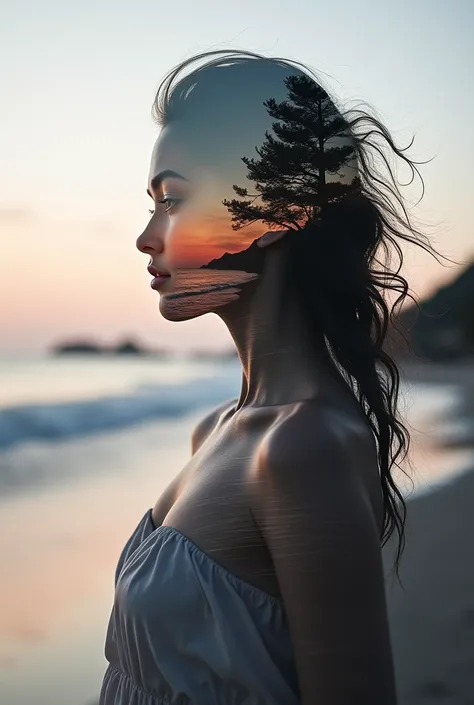  high quality, 8K ultra HD, Una hermosa double exposure que combina una silueta de diosa con la costa al atardecer,  the coast at dusk should serve as a backdrop ,  with its details incorporated in the goddess , sharp lines, The background is monochrome,  ...