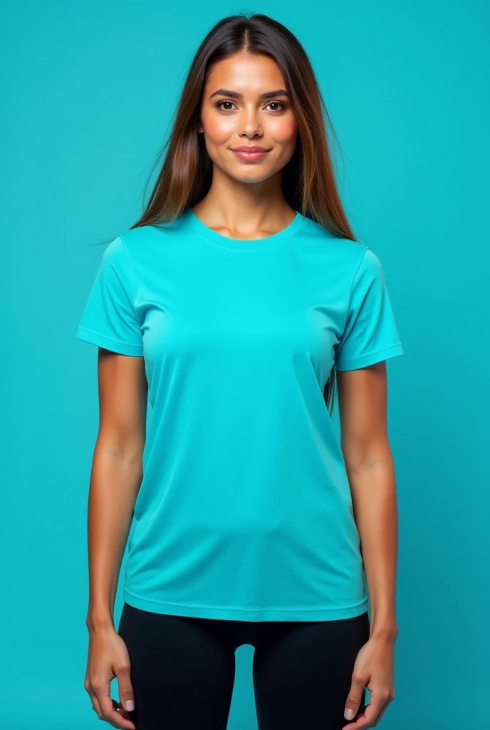  woman in aquamarine blue t-shirt, long,  athletic,  con pantalonera negra athletic,  front view 