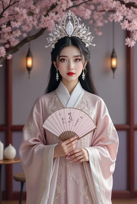 Foto hiper realistis A beautiful young Korean woman with long straight hair , Smiling softly facing the audience,  A magnificent white diamond headdress crowns her, detail,  glows softly with a pearl hue .   Beautiful red lips make up . Wear a luxurious tr...