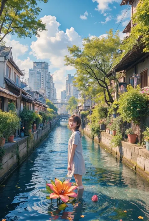 best quality, insanely detailed, FHD, 16K, absurdres, landscape photo, city, glad, smiling, inside, in the canal, with a water, with a flower, in the afternoon, cel anime, wide shot, midday, white