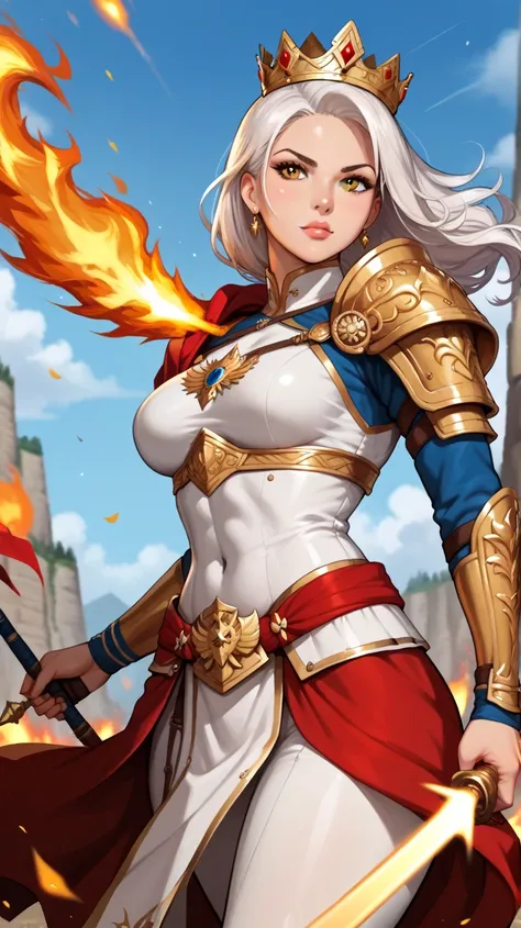 Create a very tall woman, with white hair, yellow eyes, very beautiful with a sculptural body, wearing a golden crown, fighting a giant fire warrior, on a battlefield),Over-the-Shoulder Shot (Over-the-Shoulder Shot) Shoulder).Tip: Adjust the depth of field...