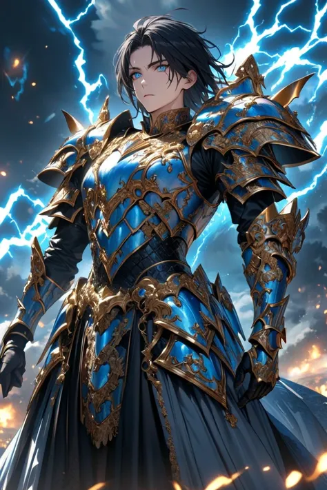 high resolution, ultra detailed, HDR, master piece, imagine 1 male, black hair, blue lightning eyes with magic power, wearing a shiny light blue armor with gold ornaments, extremely detailed intrincate armor, baroque intricate armor with gold ornaments, go...