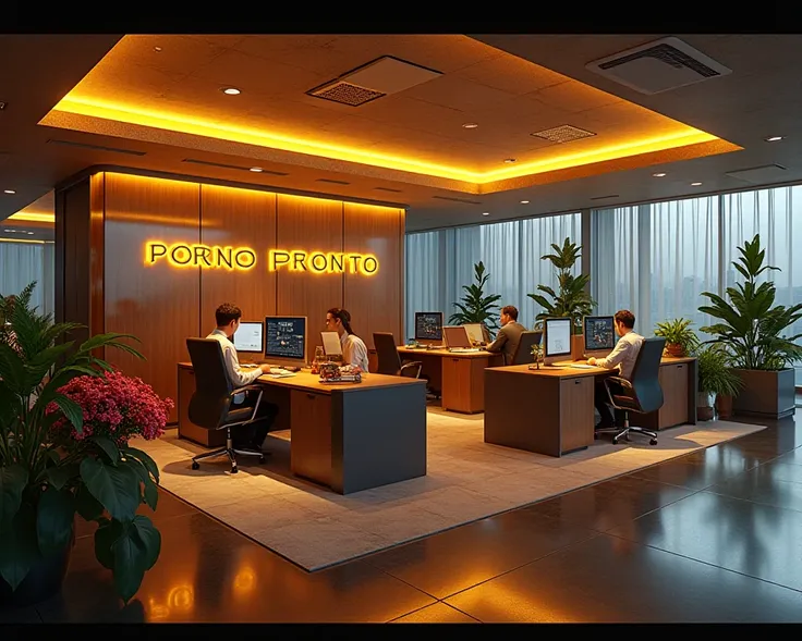 Luxurious office, with " PORNO PRONTO" logo on the wall, office design, luxurious cubicle, and side office room, lots of workers working on the computer. flowers and indoor plants, glass wall, with yellow spotlights luxurious design lights. Masterpiece, Hi...