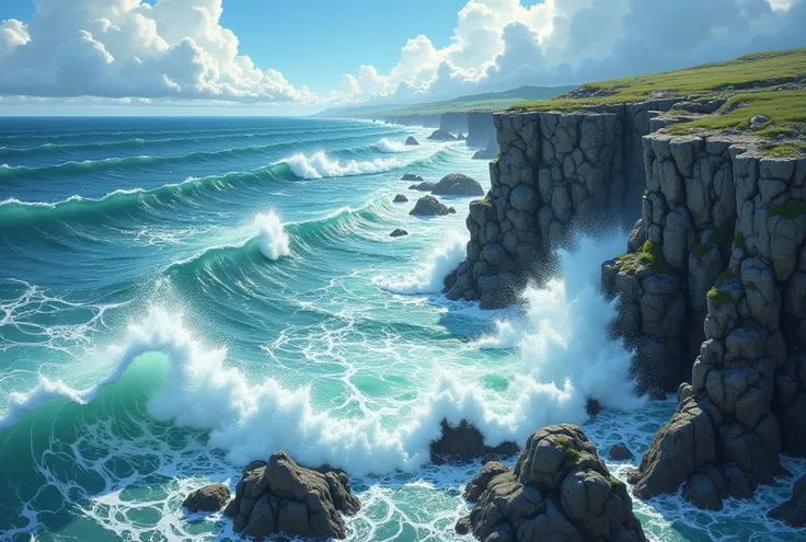 High quality, 8K Ultra HD, best quality, super detailed, Artist's sketch style, thick lines, Bird's-eye view,no people,Captured the movement of the waves Seascape sketch,wave, analogue materials, pencil on paper, few colors,