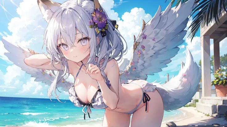 summer、sea、ruins、 low angle、Cumulonimbus、 slender、 Cute Poses、 long gray hair closer to the right、smile、 White Bikinis、 Cool Personality、Hakushu Azusa、White Wings、Floral decoration、Light purple eyes、July、 fox ear、Fox&#39;s Tail、 schoolgirl、 in ultra high q...