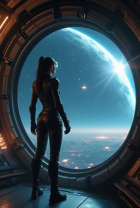 Space pirate woman on her ship, next to observation window