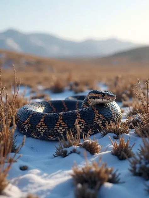 European adder snake, black and brown mixed markings color, cold plains grasslands with small patches of snow background, 8k , masterpiece