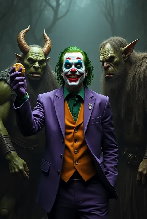 I would like to create the Joker ,  holding a Cracker Cookie , Alongside him Medieval Orcs from The Lord of the Rings.  Joker is smiling with a villain's face. 