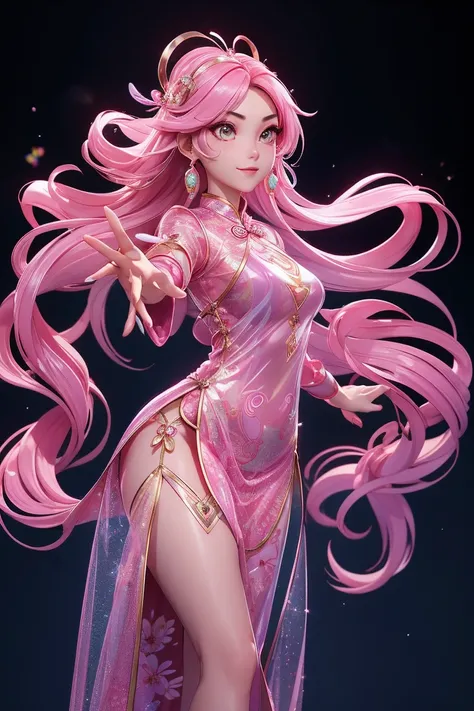 1 girl, Chinese Snake cosplay clothing, liquid silver and pink, cheongsam, traditional, dynamic poses, Snake costume, Luminous hair accessories, long hair, Luminous earrings, glow necklace, traditional futuristic elements,  Transparent tulle, Transparent s...