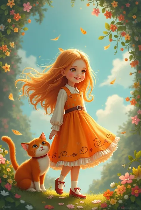 Cute girl with long hair and cap orange frock and with orange cat going in butiful place and suddenly magician will come Infront of them