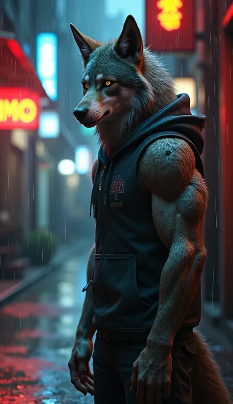 A muscular humanoid wolf with detailed fur and sharp eyes, standing in a rain-soaked alleyway, wearing a torn hoodie, hyperrealistic textures on fur and skin, cinematic lighting with dynamic reflections, neon lights on wet pavement, high resolution --ar 9:...